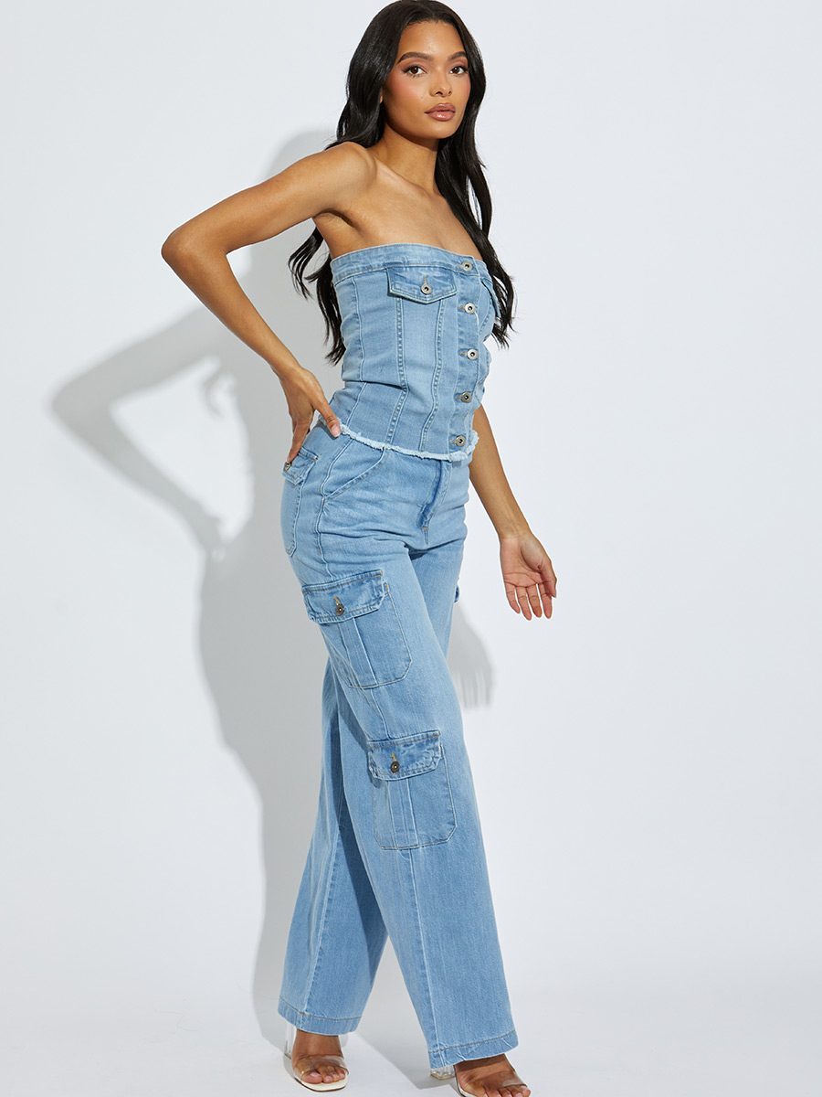 Trendy Denim High Waist Wide Leg Cargo Trousers