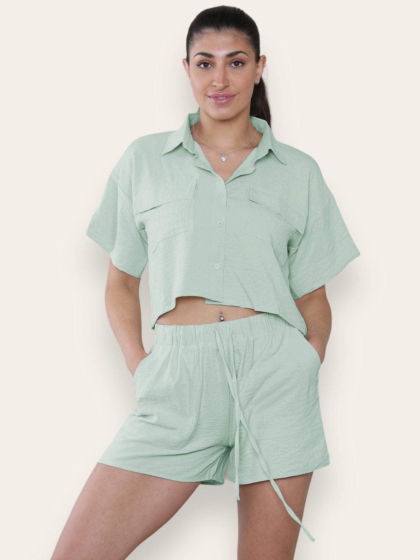 Versatile Solid Collared Flap Pocket Short Sleeve Shirt & Drawstring Waist Shorts Co-ord