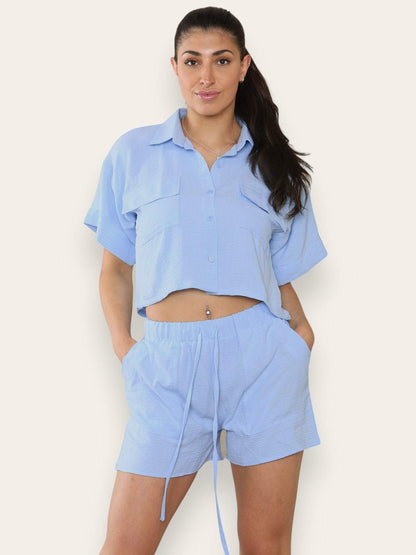 Versatile Solid Collared Flap Pocket Short Sleeve Shirt & Drawstring Waist Shorts Co-ord