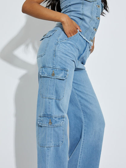 Trendy Denim High Waist Wide Leg Cargo Trousers