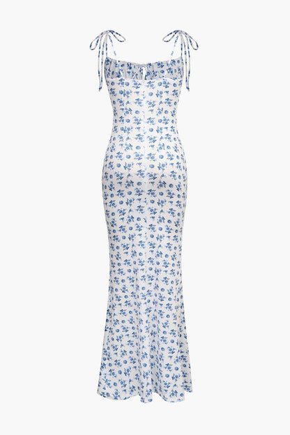 Breezy Adjustable Strap Floral Print Tie-Up Slinky Maxi Dress