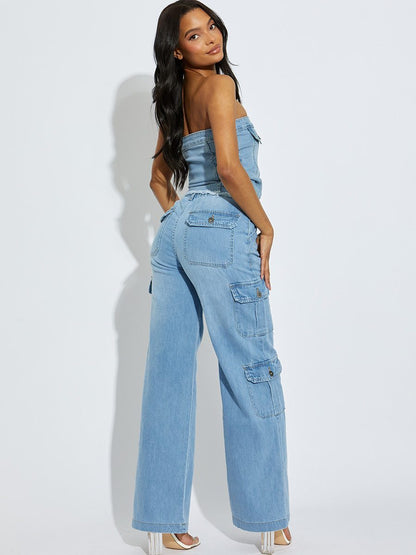 Trendy Denim High Waist Wide Leg Cargo Trousers