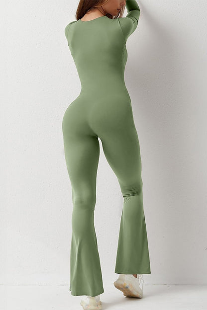 Square Neck Long Sleeve Seamless Shaping Flared Jumpsuit