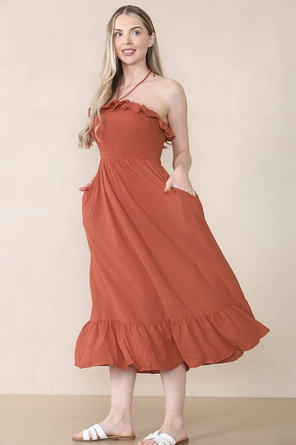 Lovely Plain Sleeveless Frill Front Tie Pleated Maxi Dress