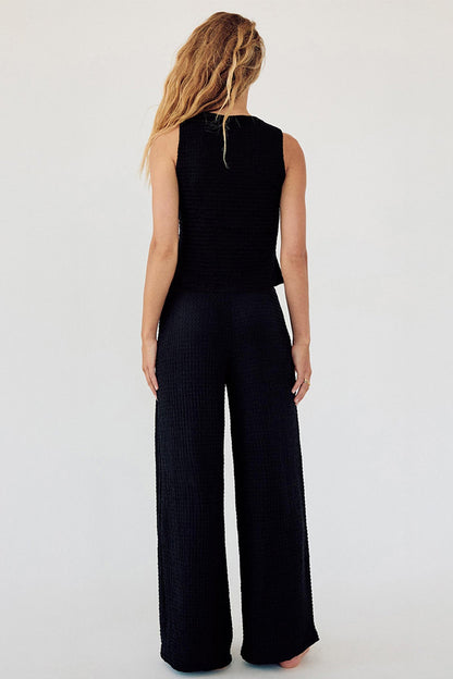 Leisure V-Neck Button Tank Top & Low-Rise Wide Leg Trousers Co-ord
